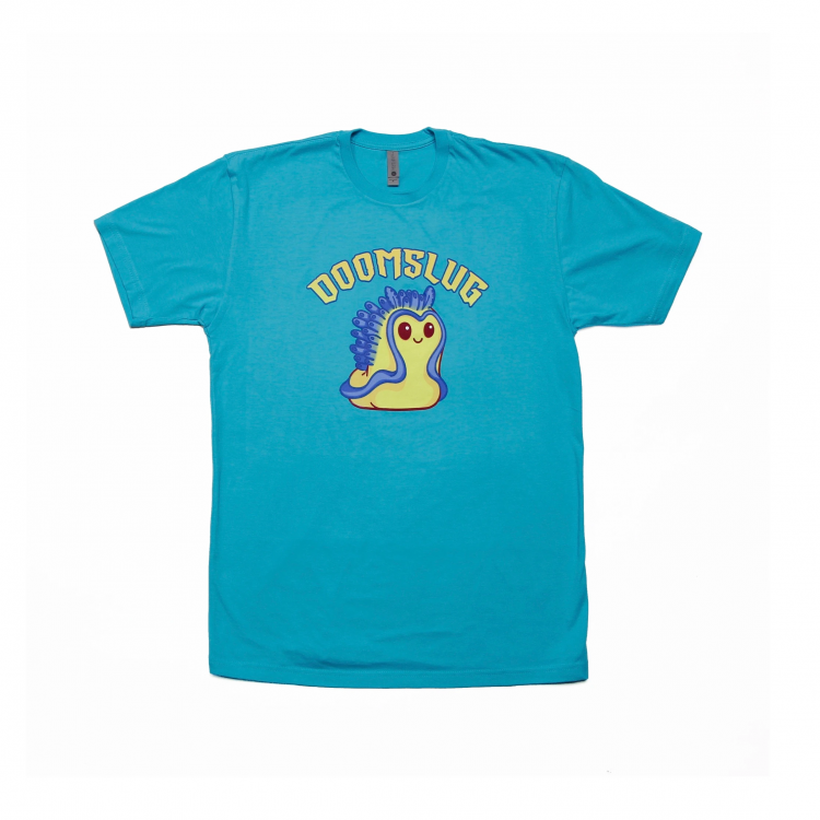 Teal T-Shirt with a yellow and blue Doomslug design, along with the word "Doomslug" in yellow above it.