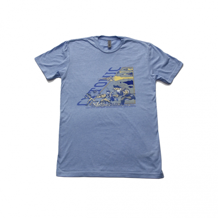 Light blue-grey T-Shirt with a design of human and humanoid alien pirates charging, with fighter planes above them, and the text "Cytonic" in a dark purple-blue to the left, slanting bottom-left to top-right. Small text of the same color says "Now with 100% more interdimensional space pirates" at the bottom.