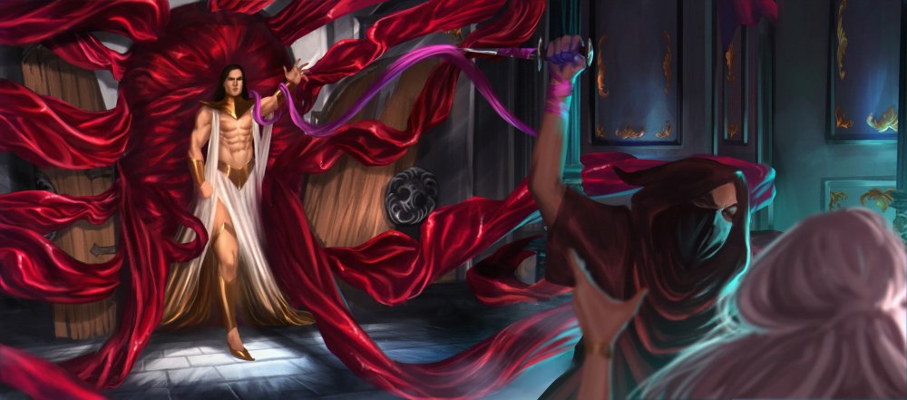 Susebron enters a room from the left, a mass of Awakened cloth spilling out from behind him after having broken the doors down. Some of the cloth extends to grab Bluefingers's hand as he tries to murder Siri.
