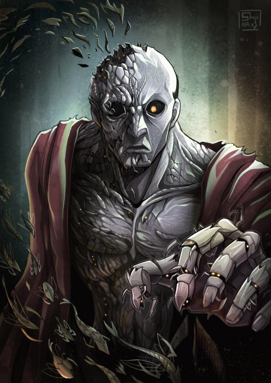 Nikli, one of the Sleepless, creatures made of insects, dominates most of the image. He - it - looks displeased and reaches menacingly towards the viewer. Much of its body struggles to maintain a human form, the fingers of its outstretched hand are visibly composed of cremlings that come together where the joints would be. The left half of the face and body are clearly a mass of various insectoids, and the left half of the skull has exploded, revealing a swarm of flying hordelings leaving the head and flying towards the viewer.