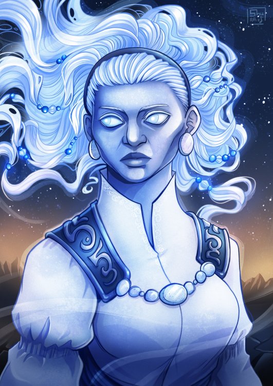 A bust of the Phendorana. She is a stern, mature honorspren, dressed in a simple but elegant dress in Thaylen style. Her hair billows around her head, as if blown by a phantom wind.