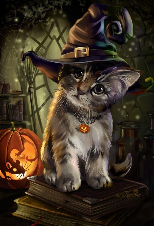 art of a kitten with a witch's hat on and a lot of Halloween imagery around it