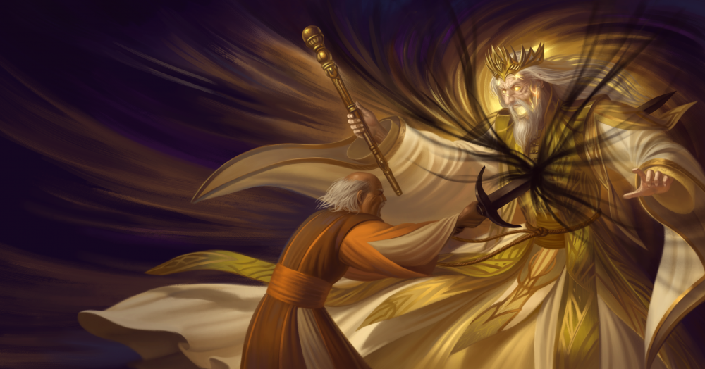 The right half of the full illustration, depicting Taravangian killing Rayse with Nightblood.