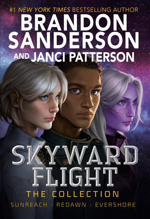 FM (a woman with white hair in a white uniform), Jorgen (a man with cropped hair and a dark blue military uniform), and Alanik (a purple-skinned humanoid with ridges on her cheekbones, silver hair, and a purple uniform) stand shoulder-to-shoulder with solemn expressions in front of a galaxy of stars. The two women look at something in the distance, while Jorgen's head is turned to stare directly into the camera.