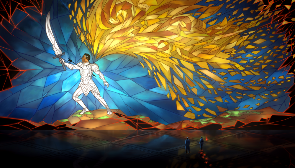A digital illustration of the Rhyhtm of War vision Renarin and Glys captured and replayed for Dalinar. The image is dominated by a massive stained glass window showing Dalinar in pristine white Shardplate, holding Oathbringer high, black arrow piercing his chest. Behind him is a representation of Odium, taking the form of hundreds of gold shapes vaguely reminiscent of a formless creature attacking Dalinar from the back, or a wind blowing in his direction. The edges of the stained glass are marred by black tiles outlined in red, symbolic of Renarin's influence. In front of this vision, standing on the vast obsidian floor and barely visible, are the real Dalinar and Renarin, tiny before the colossal glass. Renarin's footsteps are illuminated in red. Glys hovers next to him. 