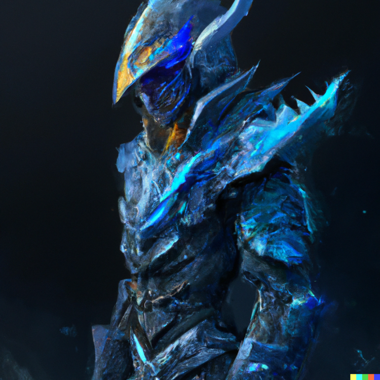 DALL·E 2022-10-01 16.08.25 - warrior in glowing blue carapace armor with cape, 4k, high fantasy, trending in artstation, oil on steel.png