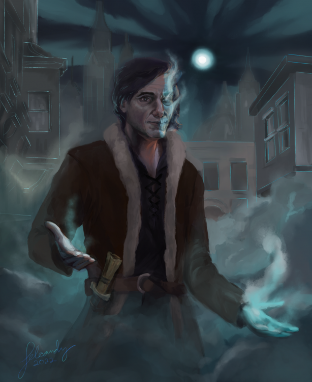 A digital illustration of Leras, as the Vessel of Preservation, dubbed Fuzz by Kelsier. He appears as kindly man somewhere in this 40s, with black hair that reaches his ears, but not much more below them. The right half of his face is slightly translucent, teeth and bone visible underneath the skin that's turned light blue and white as misty tendrils rise from it like flames. Fuzz's outfit includes a long brown coat made of leather and lined with fur, a black laced shirt underneath, and a knife with a bone handle on his belt. His posture is open and inviting, his arms slightly outstretched as if he is showing them to the viewer - or inviting them for a hug; his left arm is turning into mist in the same way his face is. Around Fuzz is a city covered in thick mist, the edges of the buildings traced with thin blue lines reminiscent of steelsight. Above all this is the cold white sun of Shadesmar, clouds like roads streaking towards it.