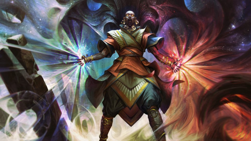 A digital illustration depicting the Harmony's Ascension. Sazed, sporting dozens of metalminds in the forms of rings, piercings, and bracers, is dressed in his traditional yellow and orange Terris robes, and stands in the center of the image, arms raised at his sides, eyes glowing with power, mouth open in a scream. Each hand clutches a Shard of Adonalsium, illustrated similarly to chunks of glass. Preservation, in his right hand, is brilliantly white, illuminating a few stone pillars with colors and almost crystalline colors. The Shard of Ruin, in Sazed's left hand, glows with fiery colors - reds, yellows, and oranges, all fading to violet and black in the distance. Where the influences of the two Shards meet, they form a currents of power, almost like wings behind Sazed, and turn to white mist swirling around his feet. 