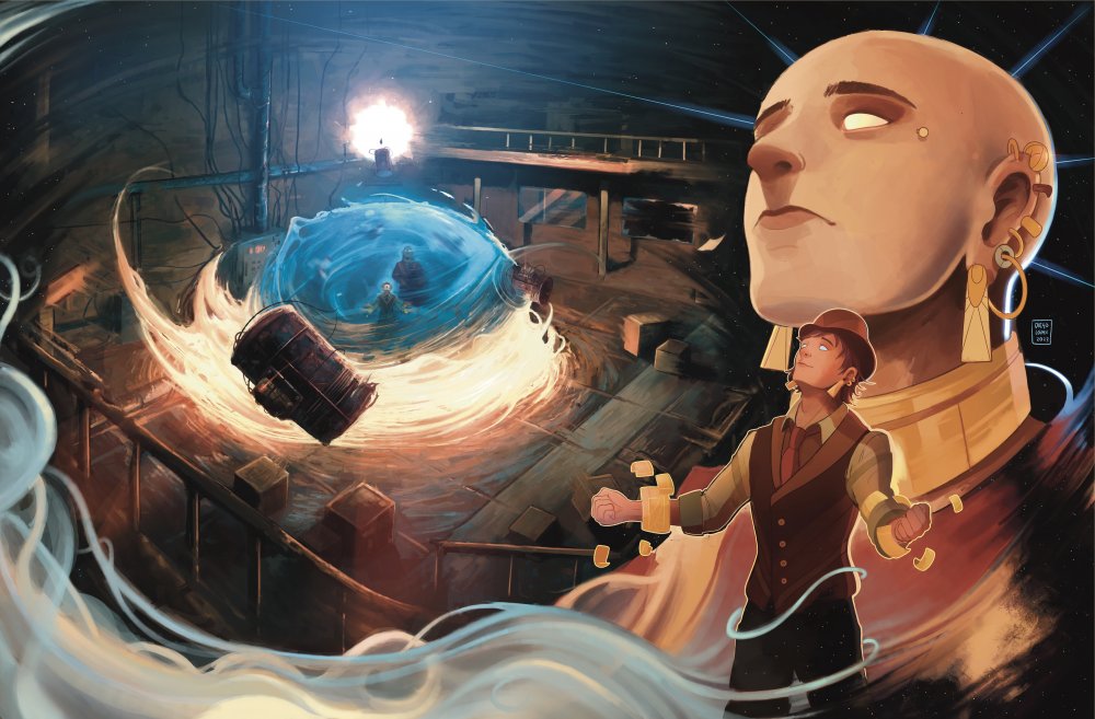 A digital illustration depicting the climax of Wayne's arc from The Lost Metal. The image combines two versions of that scene. In the center is a view of the belly of the Pewternaut A16, with Wayne's supercharged speed bubble shown as vibrant blue, its base so saturated with power as to glow with powerful fiery light. The entire bubble mixes textures reminiscent of a soap bubble, swirling paint, and pure energy. Inside the bubble are Wayne, Harmony, and three blurry shapes representing Wayne's impossibly fast movement as he triggers and then kicks the three barrels packed with harmonium and trellium. The barrels themselves can be seen scattering away from the bubble, frozen mid-explosion. Complementing this scene is a close-up shot of Wayne and Harmony on the side, both wearing earrings and metalminds of matching golden color. Wayne's outfit is modern, but with subtle triangular motifs. Harmony's visage blurs and extends into a cosmic background, while white mist swirls around Wayne's.