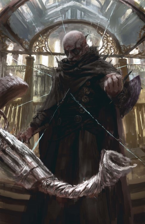 A digital illustration in a painterly style depicting Marsh, in his role of Death, in the Bilming constabulary, crushing a gun with his Allomantic powers. Marsh stands tall and imposing in the center of the vertical image, black cloak over his black robes - robes decorated with large buttons reminiscent of Inquisitor spikes. Thing jagged blue lines come out of Marsh's body, shooting out in all directions. The metal spikes through his eyes have locked their iron gaze with someone in front of him but out of view; one arm is outstretched and forming a fist, as if to crush the revolver suspended in the air a few feet in front of him, in the foreground. The gun itself has been twisted and wrung like a wet towel. The background reveals an unassuming building of two stories, wooden railings, and a tall ceiling. 