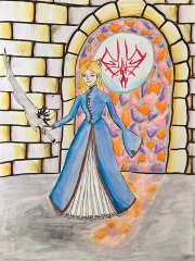 Radiant standing in front of a stained glass window