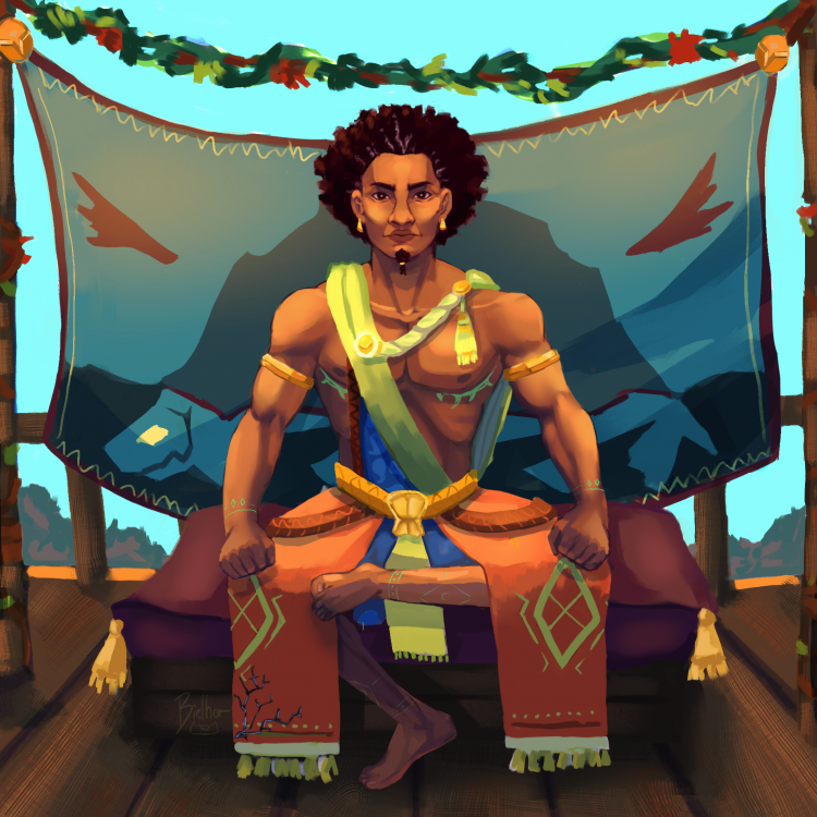 A digital illustration of Ral-na, the Reshi king who rules over the greatshell Relu-na. The king is a fit man, muscular but in a wiry kind of way, not bulky. He is sitting on a seat akin to a large ottoman. He is looking directly forward, back straight, fists resting on his knees. His dark brown hair is styled like an afro, and the only facial hair adorning his face is an Egyptian goatee tied with a golden ring; similarly, golden earrings hang from his ears. Golden bracers decorate his upper arms. His outfit includes a few loose pieces of fabric crossing his upper body in the way a cloak or a toga might. Bright green body paint marks his wrists, ankles, and his pectorals. Behind him is a tarp stretched between two poles, displaying a stylized version of the massive greatshell island that is Ral-na's kingdom.