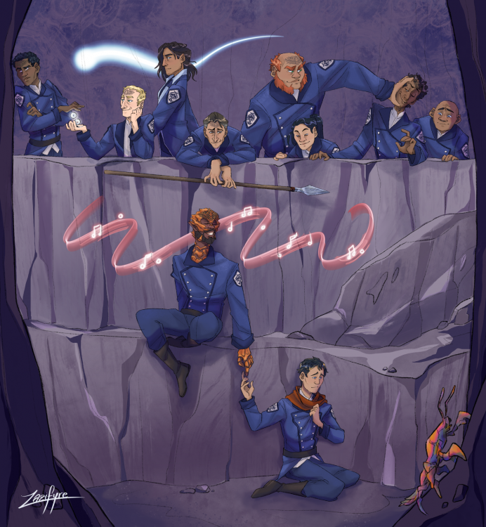 A digital illustration of primarily Renarin and Rlain, but feature several Windrunners as well. Renarin, dressed in a blue Bridge Four form uniform and a red scarf, is sitting on the ground, glancing off to the side, clutching the front of his uniform, looking embarrassed. His other hand is lightly raised, and tenderly touching Rlain's - who is sitting on the stone one level higher, also dressed in Bridge Four uniform. Unlike Renarin's shy expression, Rlain looks content, happy, and confident as he hums a Rhythm illustrated as a pink music sheet segment. Above the two of them are (from left to right) Sigzil rolling his eyes as he drops some spheres in Drehy's hand, Drehy looking pleased with himself, Kaladin walking by, Skar and Lyn leaning over with a proud and interested expressions respectively, Rock pushing Lopen's smug face away, and Huio watching with a kind smile. Syl, as a ribbon of light, is flying in the background, and in the lower corner is a colorful cremling...