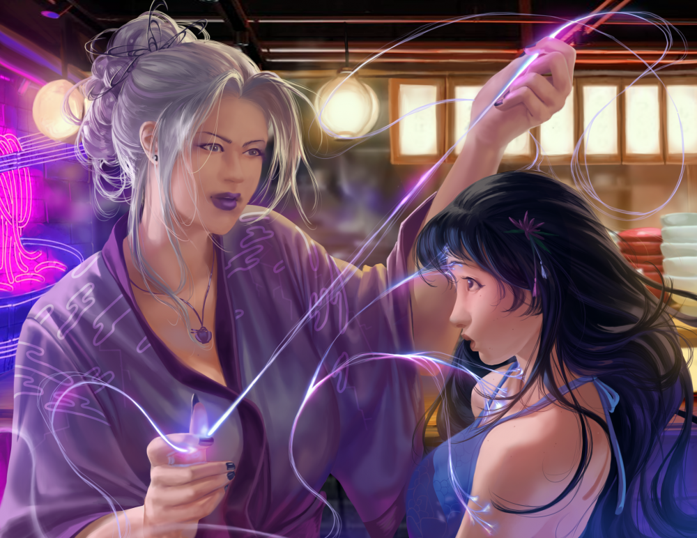 A vibrant digital illustration of Design, in her human form, and Yumi, both in Design's noodle shop. Design appears as a gorgeous woman with white hair tied in a bun and held in place by pins that resemble a Cryptic's spiral pattern. She is dressed in a loose-fitting light purple kimono, with noodle bowl necklace visible under it, also purple, and purple lipstick and nail polish. She stands close to Yumi and holds and inspects a strand of a clearly magical energy that twists and coils but is clearly connected to Yumi - her Spiritual Connection. Yumi, dressed in a simple blue dress, stands there looking very young and a little sheepish, confused, and skittish. A flower hairpin is the only ornamentation in her long black hair. The entire scene is set to Design's noodle shop, with stacks of empty bowls, paper lamps, and a neon-like sign in the shape of a bowl full of noodles all visible but a little blurry in the background.