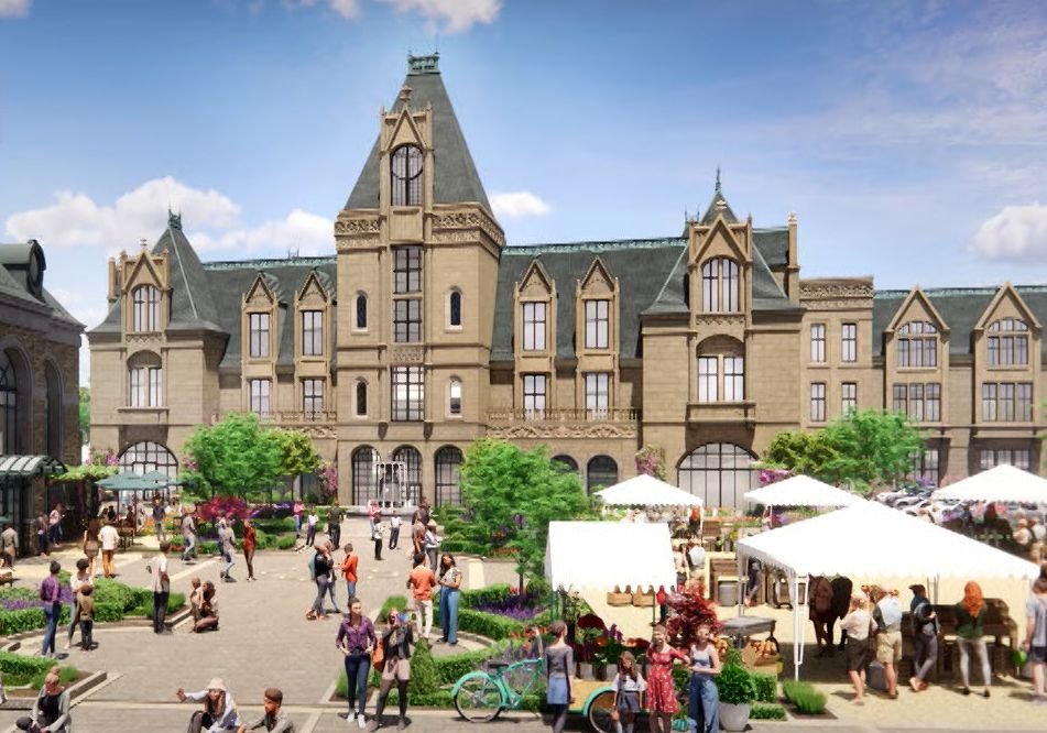 3D mock-up of the planned Dragonsteel HQ, with multiple people walking around the stalls in front of gothic-esque main structure.