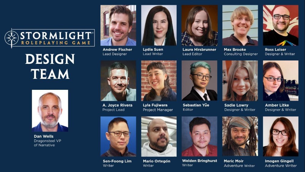 Stormlight Archive design team: Dan Wells, Andrew Fisher, Lydia Suen, Laura Hirsbrunner, Max Brooke, Ross Leiser, A. Joyce Rivera, Lyla Fujiwara, Sebastian Yūe, Sadie Lowry, Amber Litke, Sen-Foong Lim, Mario Ortegón, Welden Bringhurst, Meric Moir, Imogen Gingell